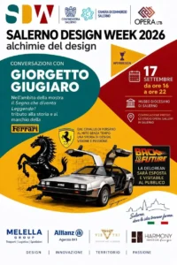 Locandina Salerno Design Week 2026 con Giorgetto Giugiaro, mostra Ferrari, DeLorean di Ritorno al Futuro e Museo Diocesano di Salerno.