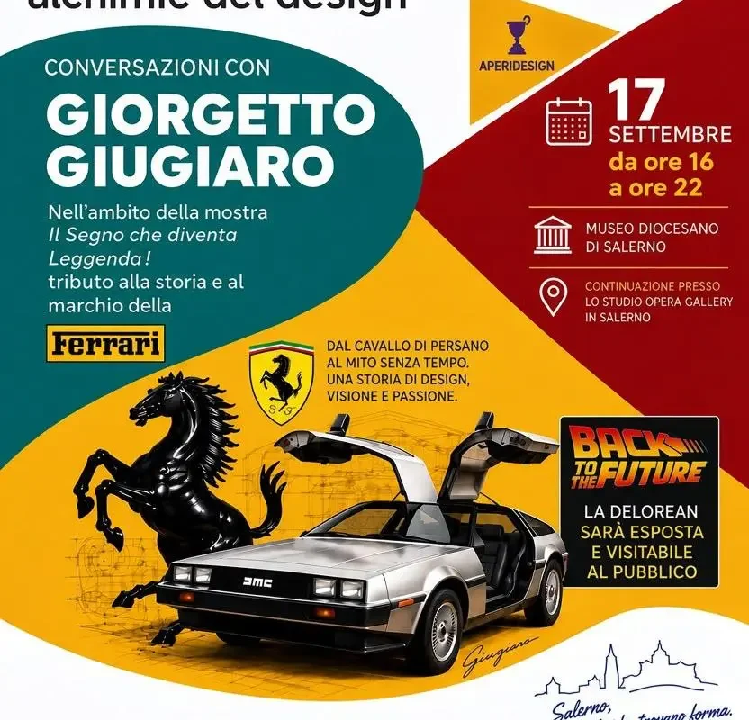Locandina Salerno Design Week 2026 con Giorgetto Giugiaro, mostra Ferrari, DeLorean di Ritorno al Futuro e Museo Diocesano di Salerno.