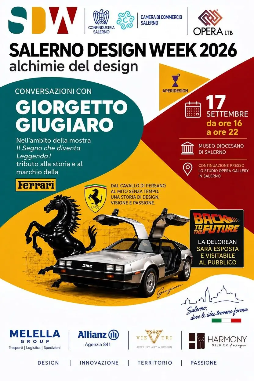 Locandina Salerno Design Week 2026 con Giorgetto Giugiaro, mostra Ferrari, DeLorean di Ritorno al Futuro e Museo Diocesano di Salerno.